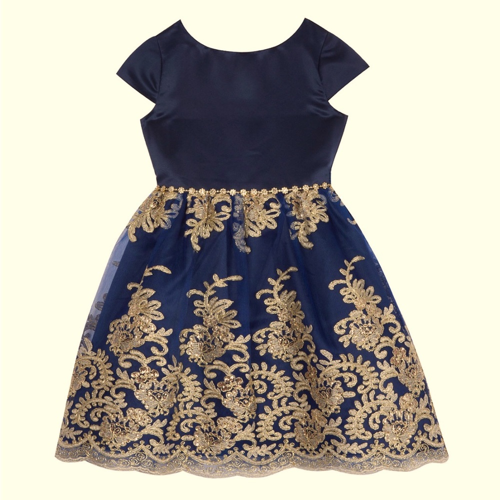 Little girls satin bodice to embroidered cord mesh skirt.